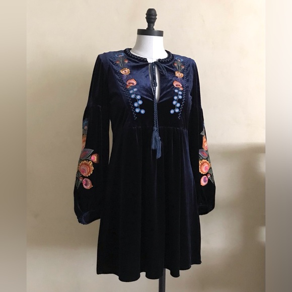 Zara Dresses & Skirts - Zara Dark Blue Embroidered Velvet Dress